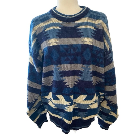 Basic Trends Vintage Aztec Native American Print Blue Sweater Size Large Womens - Picture 1 of 6